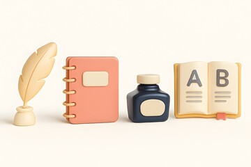 Vintage writing tools including a quill pen inkwell notebook and open book with alphabet