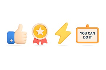 Collection of positive icons including a thumbs up award ribbon lightning bolt and motivational sign