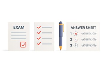 Exam and answer sheet with pen illustrating testing and education concepts