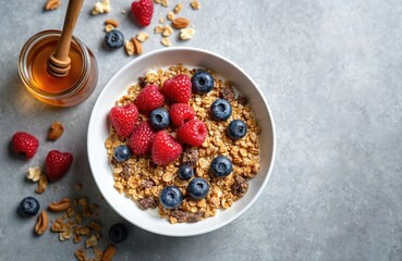 Bowl of granola with yogurt topped with fresh raspberries and blueberries. Jar of honey and nuts nearby on gray surface. Healthy breakfast, organic meal preparation, natural ingredients.