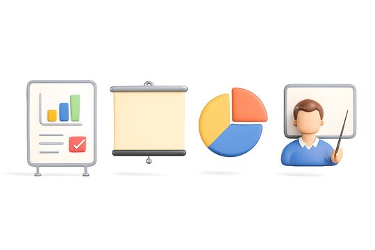 Business presentation icons including charts pie chart whiteboard and presenter on white background