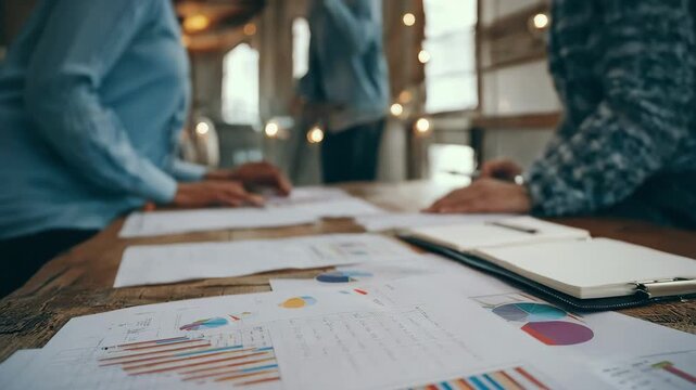 Medium shot capturing accountants compiling annual financial reports with spreadsheets and charts emphasizing accuracy and yearend financial analysis. - Powered by Adobe