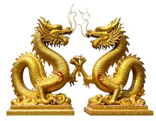 Fototapeta premium A pair of ornate golden dragons face each other. Both are detailed with scales, claws, and flowing whiskers. They rest on detailed pedestal bases