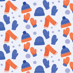 Winter Accessories Seamless Pattern with Hats, Scarves, and Mittens