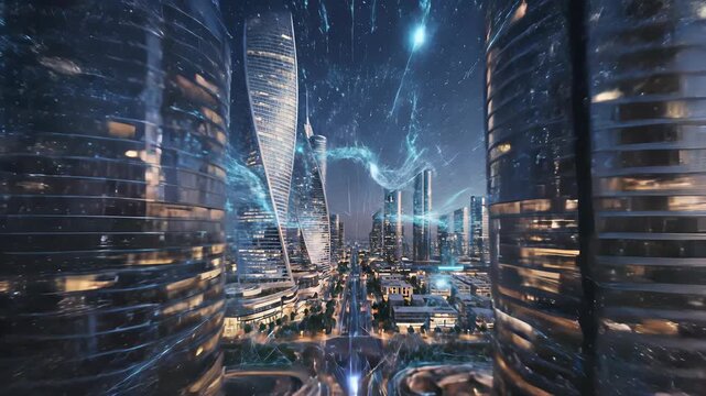 Futuristic cityscape with sleek skyscrapers and vibrant urban landscape, showcasing technological innovation and forward thinking progress, perfect for conveying dynamic development concepts in.