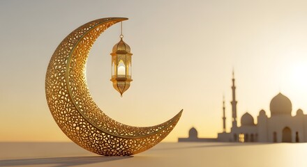 Crescent Moon Lantern with Mosque at Sunset