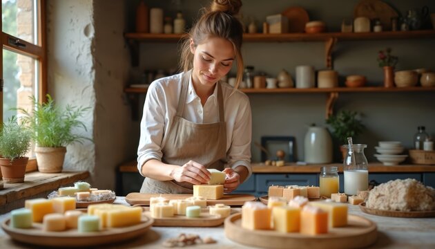 Woman makes handmade soap bars in rustic workshop. She arranges colorful soap pieces on wooden trays. Natural ingredients and artisanal process create organic products.