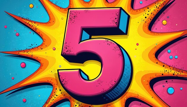 Bright pop art number 5 explodes with energy. Retro comic style bursts with vibrant colors like pink yellow and blue. Fun abstract graphic represents celebration or countdown.