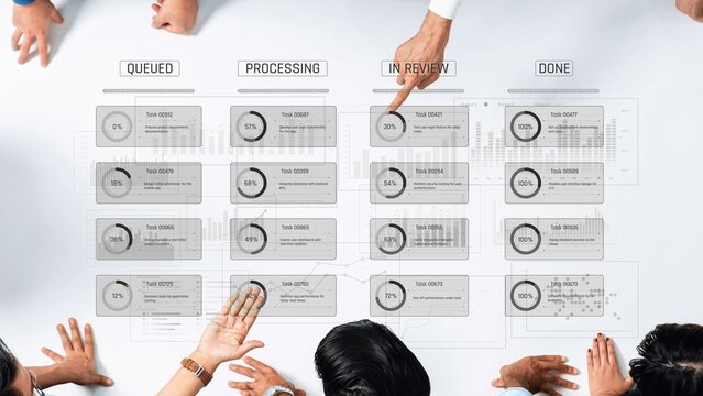 A diverse team collaborates over a project management board showcasing task progress indicators, emphasizing efficient workflow and productivity strategies. Raster