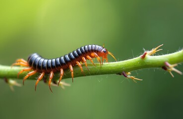 Fototapeta premium A creepy centipede with orange legs crawls on a thin green plant branch. This multi-legged arthropod has a long segmented body. It moves carefully through its natural habitat.