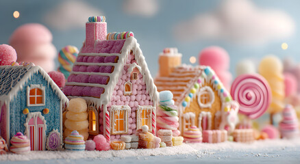 Creative delicious gingerbread house made of variety of sweets and candies. Festive Xmas and New Year holiday season decorating idea, trendy candy land banner design on pastel background.
