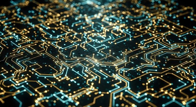 Abstract Digital Circuit Board Background with Glowing Blue and Yellow Lines - Futuristic Technology Pattern Representing Data Flow and Connection