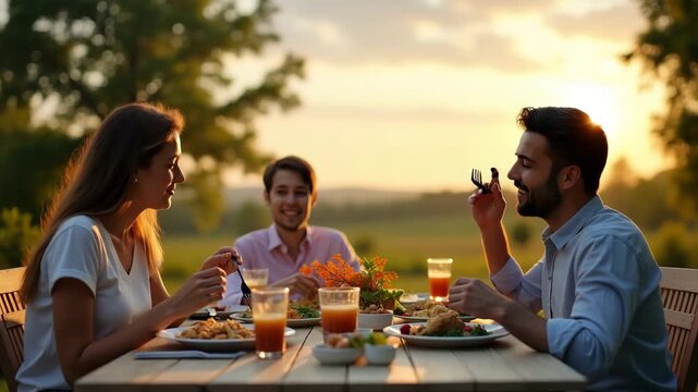 A tranquil family dining experience outdoors, enjoying nutritious meals under a beautiful sky with considerable copy space for further content insertion.