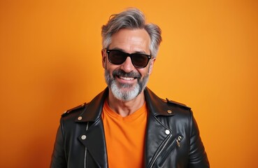 Obraz premium Mature man with grey hair and beard wears sunglasses and black leather jacket. He smiles against an orange background, looking cool and stylish. Casual attire shows off his modern fashion sense.