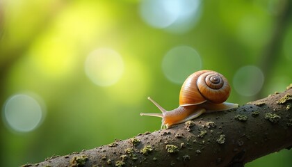 Snail with brown spiral shell crawls on textured tree branch. Soft green bokeh background suggests forest or garden setting. Mollusc moves slowly, its antennae extended, exploring its woody path.