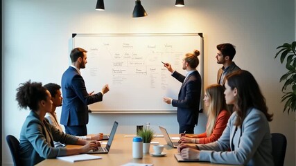 An inspiring startup environment featuring a diverse team brainstorming on a whiteboard. Prominent negative space allows for brand messaging and is ideal for creative concepts. - Powered by Adobe