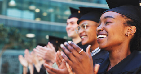 Applause, graduation and smile with woman in college for celebration, diploma success and ceremony. Achievement, university degree and academy pride with people on campus for scholarship event