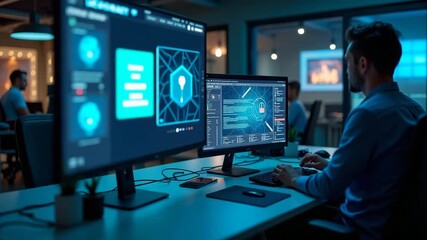 An adaptable workspace featuring various SOC cyber security services, highlighting versatility within a team setting, providing ample copy space for marketing material.