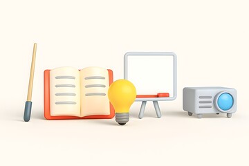 Educational tools including an open book lightbulb projector and whiteboard on a plain background