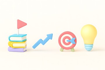 Stack of books with flag upward arrow target and lightbulb representing education and business success