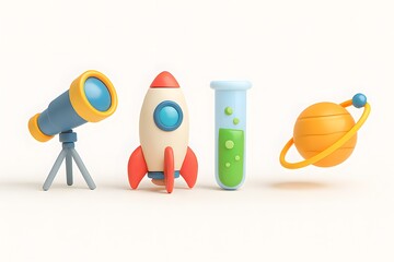 Cute cartoon rocket ship telescope planet and science experiment on white background