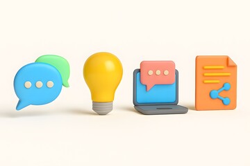 Digital communication and ideas represented by icons including speech bubbles lightbulb laptop and document