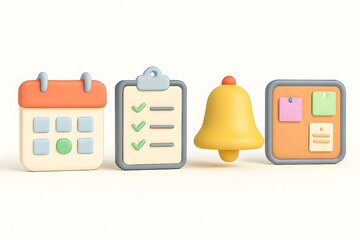 Cute 3d icons representing calendar to do list reminder and bulletin board
