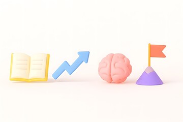 Conceptual illustration of learning growth and achieving goals with a brain and flag