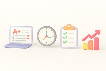 Study success with laptop clock checklist and growing business graph