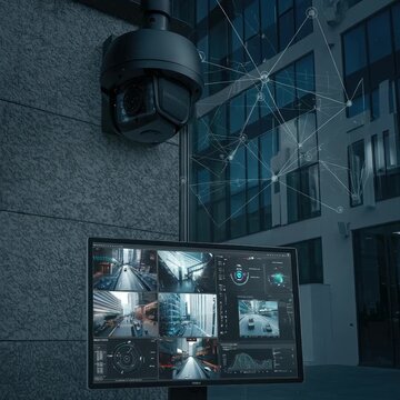 Modern security camera monitoring multiple urban locations showing data network and surveillance technology.