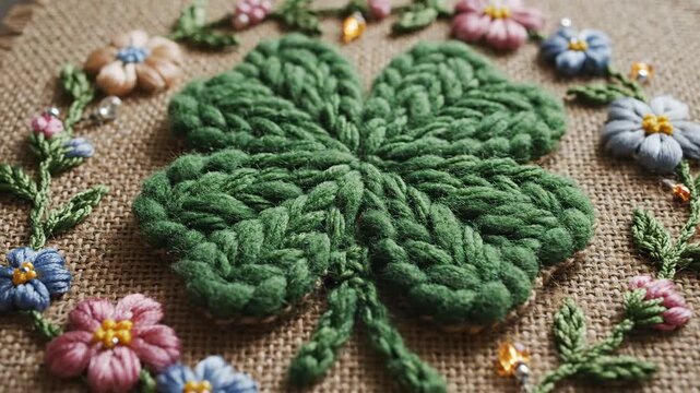 Close up of a knitted green four leaf clover with floral embellishments