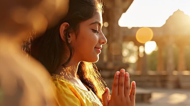 young indian woman praying serene temple sunset