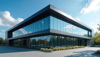 Modern glass building with clean lines stands under blue sky with clouds. Reflective facade mirrors surrounding trees and sky. Professional office exterior with minimalist design.