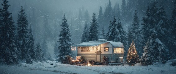 Christmas lights shine on snowy trailer