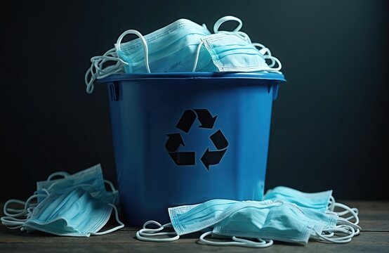 Blue recycle bin overflows with many used medical masks. Discarded disposable masks also scatter on wood floor. Visually shows severe pollution problem, waste management issue from corona pandemic.