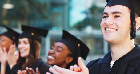 Applause, graduation and students with man in college for celebration, diploma success and ceremony. Achievement, university degree and academy pride with people on campus for scholarship event