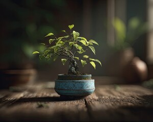 Elegant Bonsai Tree In Blue Pot On Wooden Table