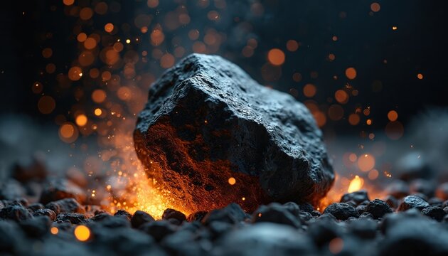 Dark rock tumbles into deep abyss in fiery sparks and glowing embers. Intense energy erupts from collision. Abstract background for drama, power, or cosmic themes.