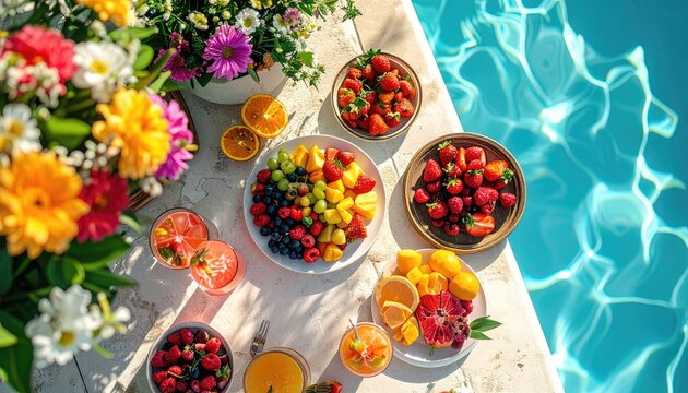 Vibrant Summer Refreshment Spread by a Sparkling Blue Swimming Pool With Fresh Fruit and Colorful Flowers in Bright Sunlight
