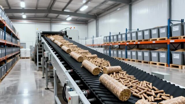 Medium shot capturing automated conveyor belts moving pelletized biomass fuel in a clean organized storage warehouse.