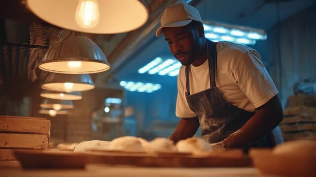 Medium shot of a bakery worker installing bright LED panel lights to enhance workspace visibility while reducing energy consumption.