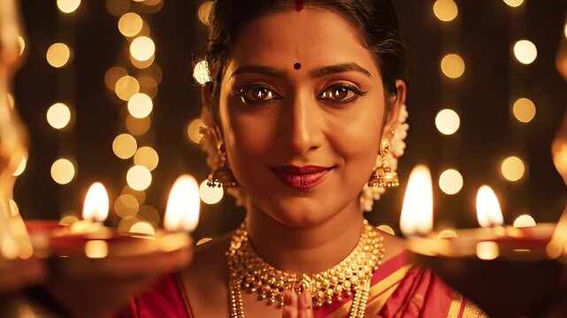 devotional indian woman praying traditional lamps bokeh