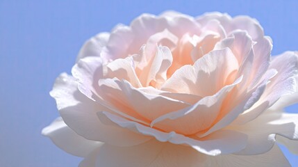Close up of a delicate pink and white rose against a clear blue sky