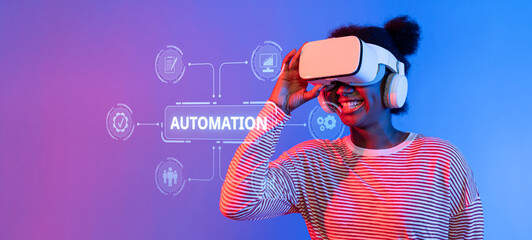 A woman joyfully engages with virtual reality technology against a vibrant backdrop, representing the intersection of business management and innovative automation solutions. XDMCP