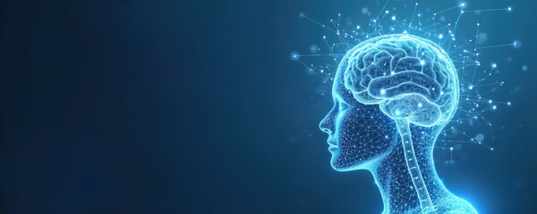 Futuristic digital human head, brain glow with intricate neural network. Illustrates artificial intelligence, machine learning, modern science. Represents advanced data transfer, mental processes,