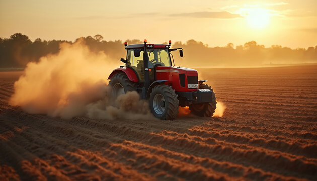 Red tractor plowing dusty dry farm field at golden sunset time. Farm vehicle prepares land for sowing, cultivation and planting at rural countryside. Agriculture works at farm.