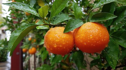 Close up of ripe oranges on a tree with green leaves and water droplets