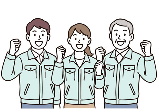 作業服の社員チームのガッツポーズカラー
