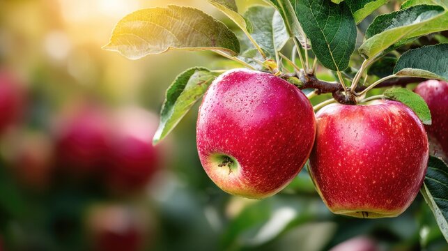 Close up of ripe red apples hanging on a tree branch under sunlight - Powered by Adobe