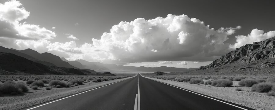 Black, white view of empty road stretching through desert valley. Straight highway goes to horizon under dramatic cloudy sky. Long journey awaits on desolate scenic route leading towards distant